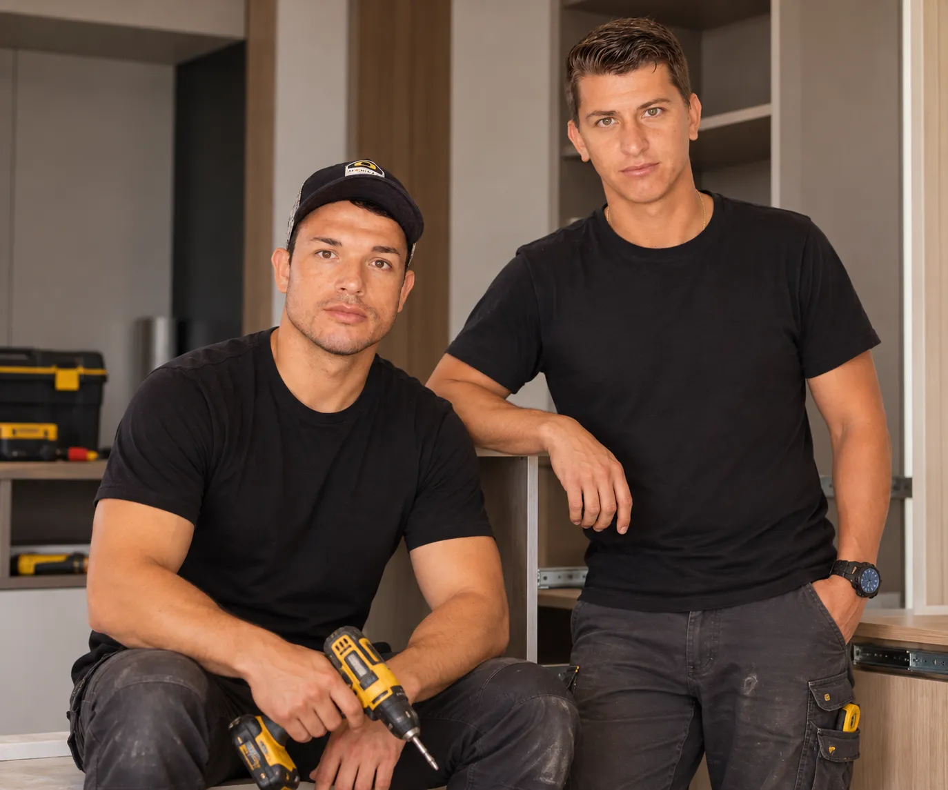 Cristiano e Fernando realizando montagem de guarda-roupa
